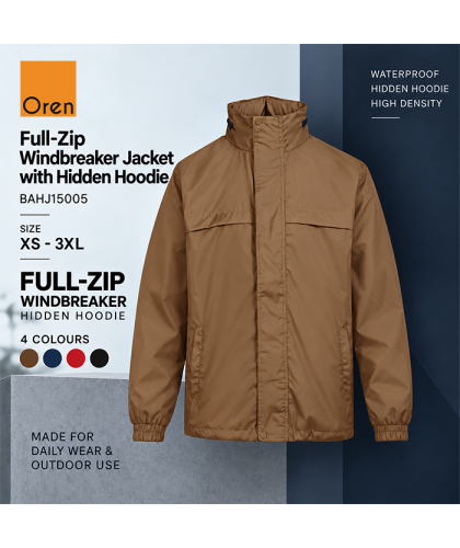 Full-Zip Windbreaker Jacket with Hidden Hoodie