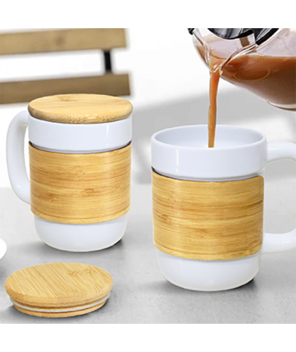STONEWARE Ceramic Mug with Bamboo Sleeve Lid - 430ml