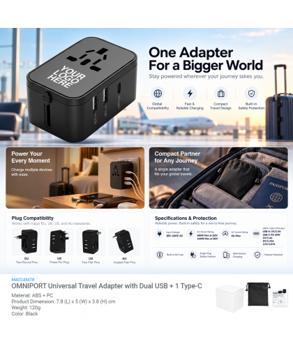 OMNIPORT Universal Travel Adapter with Dual USB + 1 Type-C