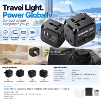 VOLTMATE Universal Travel Adapter with Dual USB + 1 Type-C