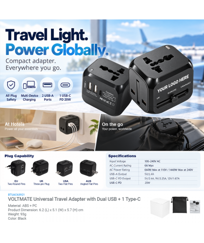 VOLTMATE Universal Travel Adapter with Dual USB + 1 Type-C